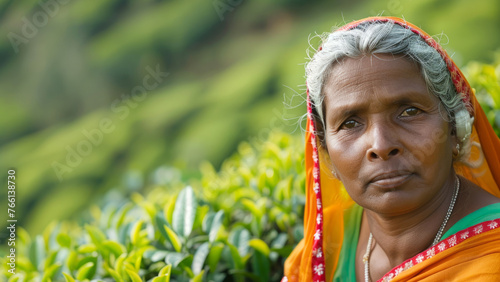elderly tired Indian woman is a tea picker on a blurred background of tea plantations on a hill.