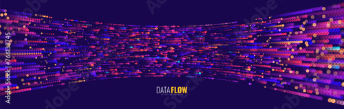 Digital Data Flow Vector Background. Big Data Technology Lines. 5G Wireless Data Transmission. High Speed Light Trails. Information Flow in Virtual Reality Cyberspace. Vector Illustration.