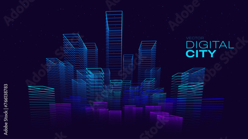 Smart Digital City Concept. Urban Architecture High Towers Concept of the Future City. Virtual Reality Abstract Digital Buildings. Modern Technology Vector Illustration.