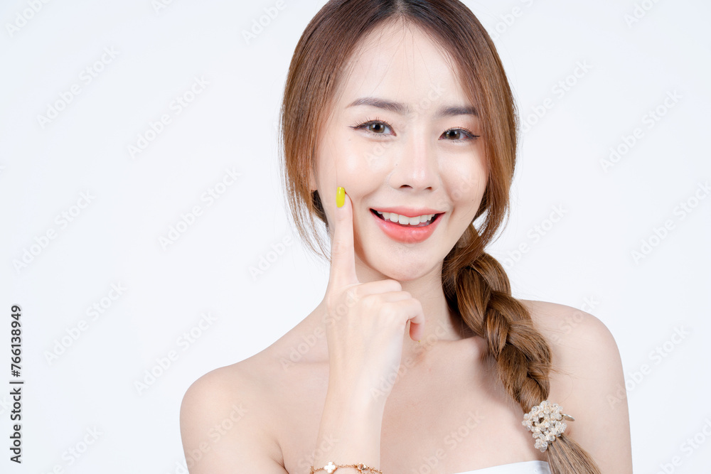 Asian woman smiling with natural makeup, Skincare and Cosmetology concept with white background, Free space for text, close-up shot.