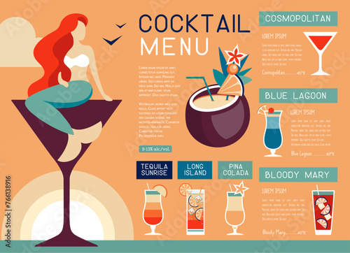 Retro summer restaurant cocktail menu design with mermaid and martini glass. Vector illustration