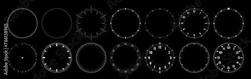 Mechanical Clock Style Smartwatch Faces Bezel Designs. Digital Watch HUD Dial with Minute, Hour, Second Marks. Timer or Stopwatch. Blank Measuring Circle Scale Vector Illustration. photo