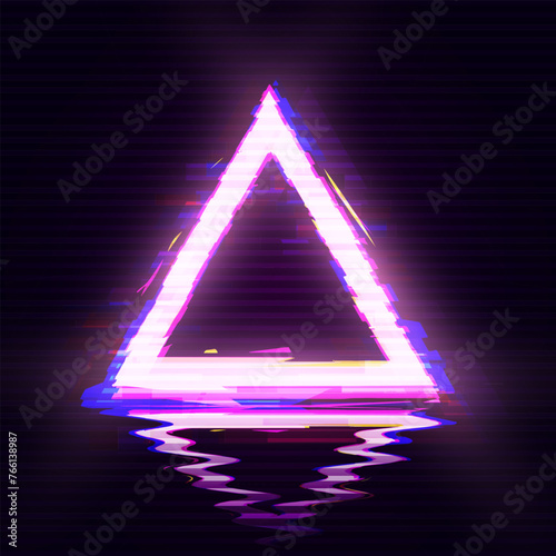 Synthwave/ Vaporwave/ Retrowave Aesthetic Glitch Triangle Design. Distorted Glitch Style Modern Background. Glow Design for Graphic Design - Banner, Poster, Flyer, Brochure, Card. Vector Illustration.