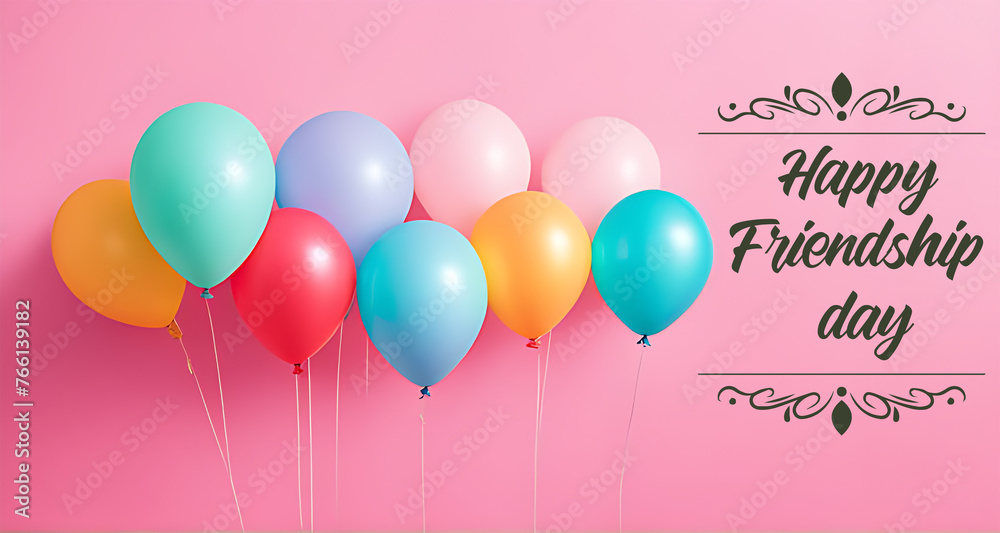 Celebrate Friendship Day with vibrant balloons in teal, purple, orange, and red on a pink backdrop. Stylish 'Happy Friendship Day' text adds flair