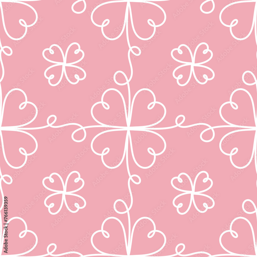 hand-drawn doodle seamless pattern with hearts or shamrock  on pink background 