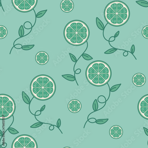 Fotografie seamless pattern with lime with pedicel and leaf for cinco de mayo on green back