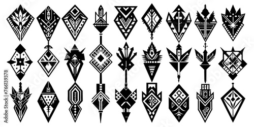 Collection of tribal style arrowhead designs with intricate patterns
