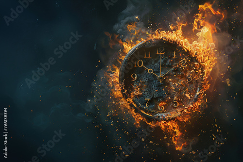 A clock on fire, on a dark background with copyspace representing the concept of running out of time. Flames and ashes