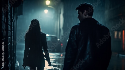 A man and a woman are walking down a street in the rain