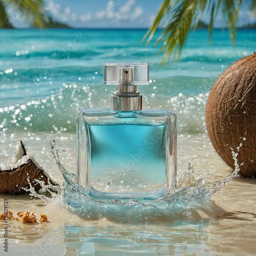 Glass perfume bottle model on beautiful beach with mesmerizing waves, Generative AI