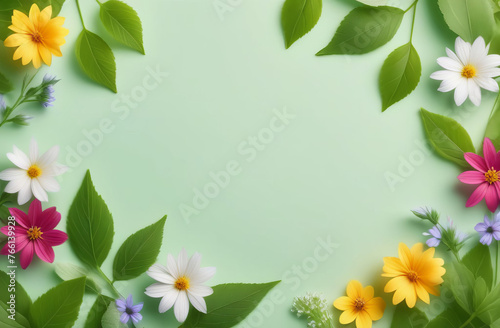 Summer background with leaves and small flowers. Place for text.