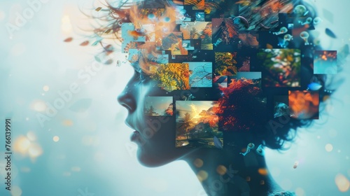 An illustration of a person with a thought bubble containing a vibrant collage of images and imaginative musings