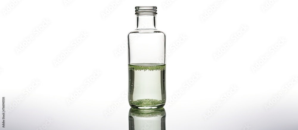 A transparent bottle filled with clear water and a mysterious green substance inside A transparent bottle filled with clear water and a mysterious green substance inside