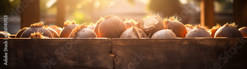 Coconuts harvested in a wooden box in a plantation with sunset. Natural organic fruit abundance. Agriculture, healthy and natural food concept.