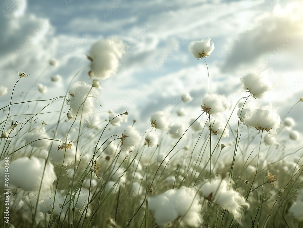 Field of cotton flowers blowing in the wind. There are many cotton flowers flying in the air.