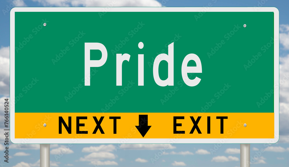 Green and yellow highway sign with exit arrow for PRIDE