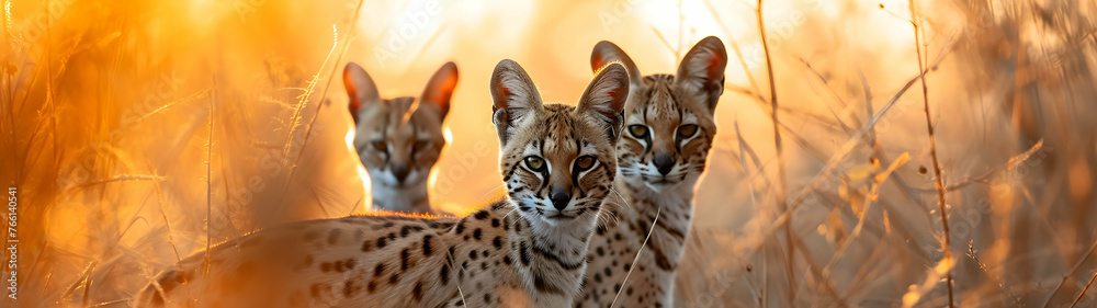 Serval family in the savanna with setting sun shining. Group of wild animals in nature. Horizontal, banner. Serval family in the savanna with setting sun shining. Group of wild animals in nature. Horizontal, banner.