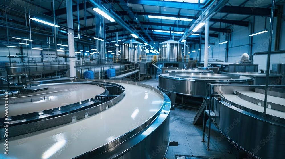 A modern dairy processing facility with milk tanks and packaging machines, ideal for illustrating dairy product manufacturing A modern dairy processing facility with milk tanks and packaging machines, ideal for illustrating dairy product manufacturing
