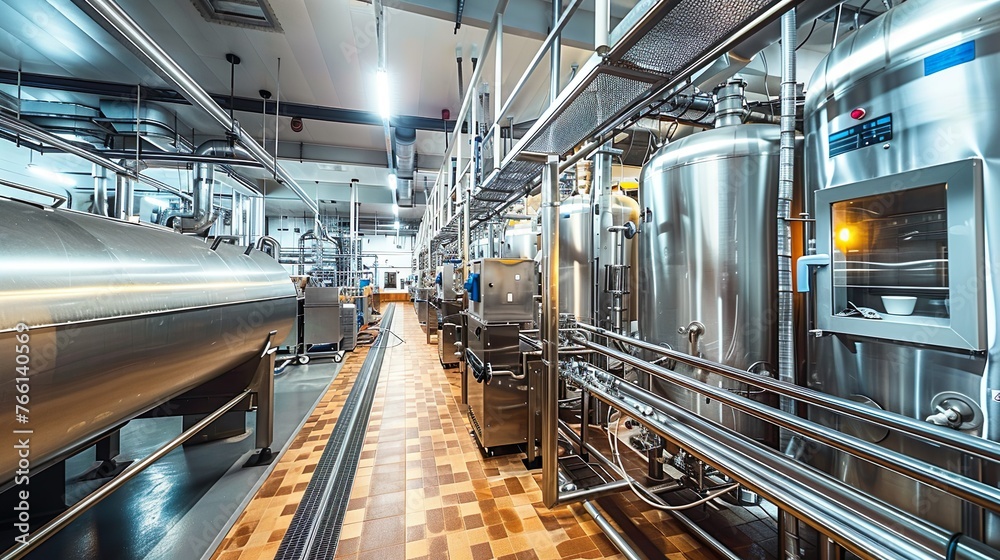 Obraz premium A modern dairy processing facility with milk tanks and packaging machines, ideal for illustrating dairy product manufacturing