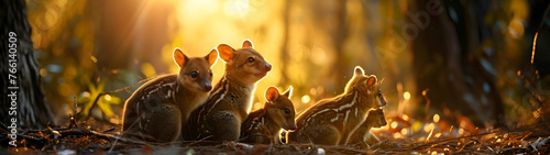 Quoll family in the forest with setting sun shining. Group of wild animals in nature. Horizontal, banner. © linda_vostrovska