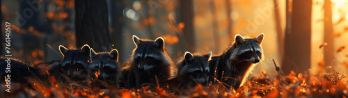 Racoon dog family in the forest with setting sun shining. Group of wild animals in nature. Horizontal, banner.