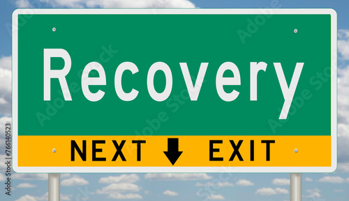 Canvastavla Green and yellow highway sign with exit arrow for RECOVERY