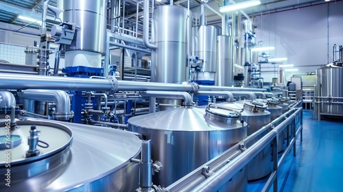 A modern dairy processing facility with milk tanks and packaging machines, ideal for illustrating dairy product manufacturing