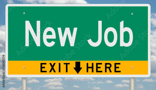 Green and yellow highway sign with exit arrow for NEW JOB