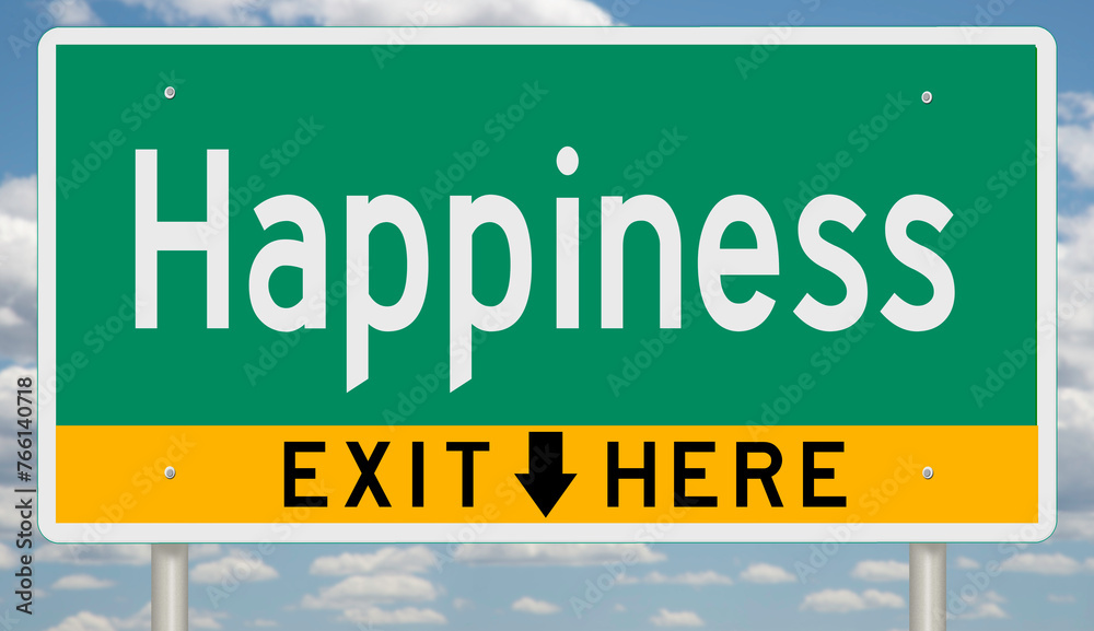 Green and yellow highway sign with exit arrow for HAPPINESS Green and yellow highway sign with exit arrow for HAPPINESS