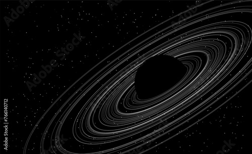 Black Spiral Black Planet with Rings. Black Hole Background. Universe and Starry Concept. Minimal Art Style Vector Space Illustration.