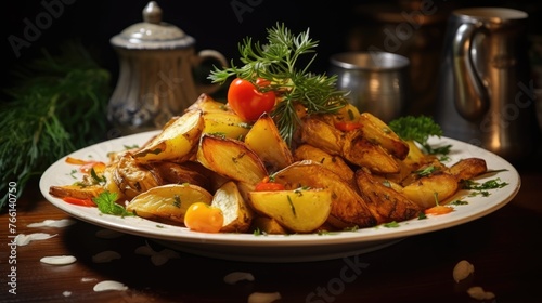 Fried potatoes with spices on a plate on the table. The concept of delicious and healthy homemade food. Organic vegetables, vegetarian recipes.