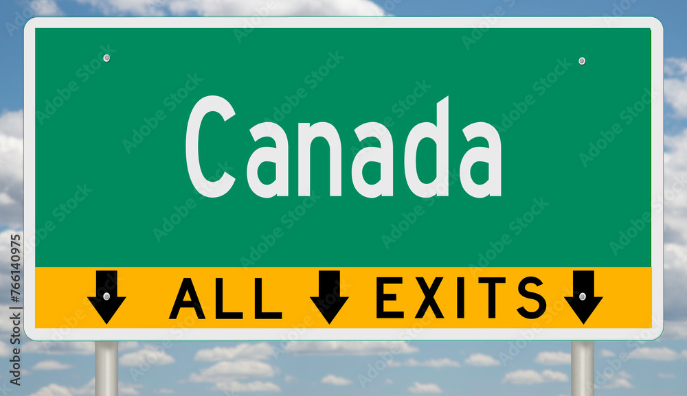 Green and yellow highway sign with exit arrows for Canada