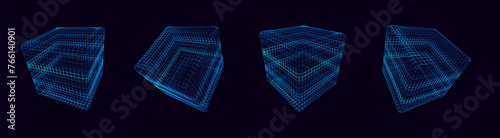 Set of Cyberpunk Technology 3D Cubes. Futuristic HUD Design Objects. Computer Server Algorithm Array Concept. Cyber Game Design Elements Vector Illustrator. Particles Cubes.