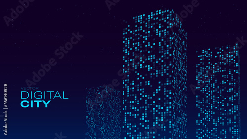 Smart Digital City Concept. Urban Architecture High Towers Concept of the Future City. BIM - Building Information Modeling. Business Industry Construction. Vector Illustration.