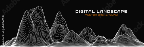 Abstract Digital Wireframe Landscape Wire Lines. 3D Topographic Map Background Concept. Geography Concept. Wavy Lines Backdrop. Space Surface HUD Design Element. Vector Illustration.