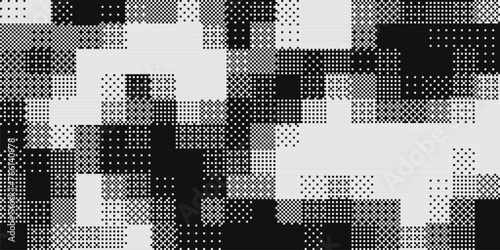 Halftone Pixel Dithering Square Tiles Pattern. Vintage 8-bit Game Background. Vector Illustration. Pixel Halftone Bitmap Raster Effect. Random Tiles Generative Art.