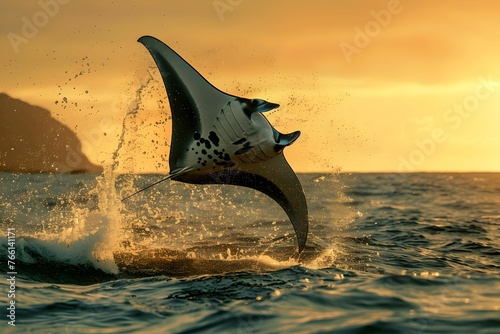 Stunning manta ray leaping from ocean at sunset. Nature's beauty captured in a breathtaking moment. Wildlife photography. Generative AI