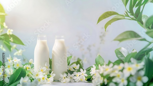 Glass milk bottle mockup with blank label in cozy kitchen setting for branding template