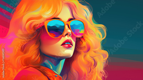 Closeup illustration of happy fair haired woman wearing sunglasses with her short curly hair and smiling  enjoying the summer season outside.