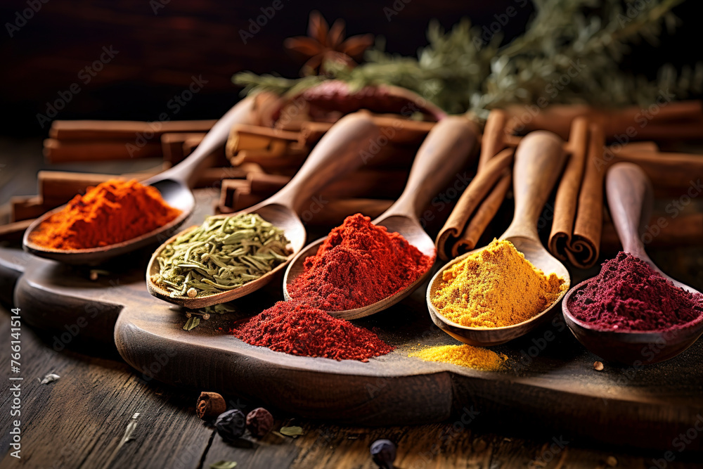 Various spices and herbs in wooden spoons on the table.