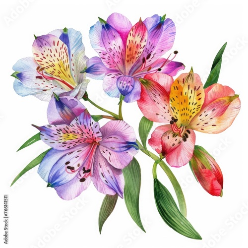 Watercolor alstroemeria clipart featuring colorful blooms with speckled petals , on white background