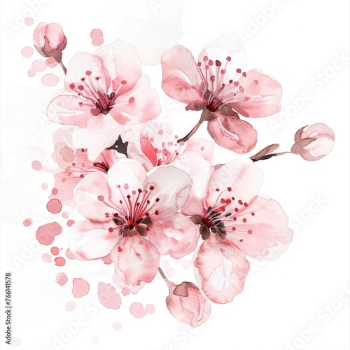Watercolor cherry blossom clipart in soft pink and white tones   on white background