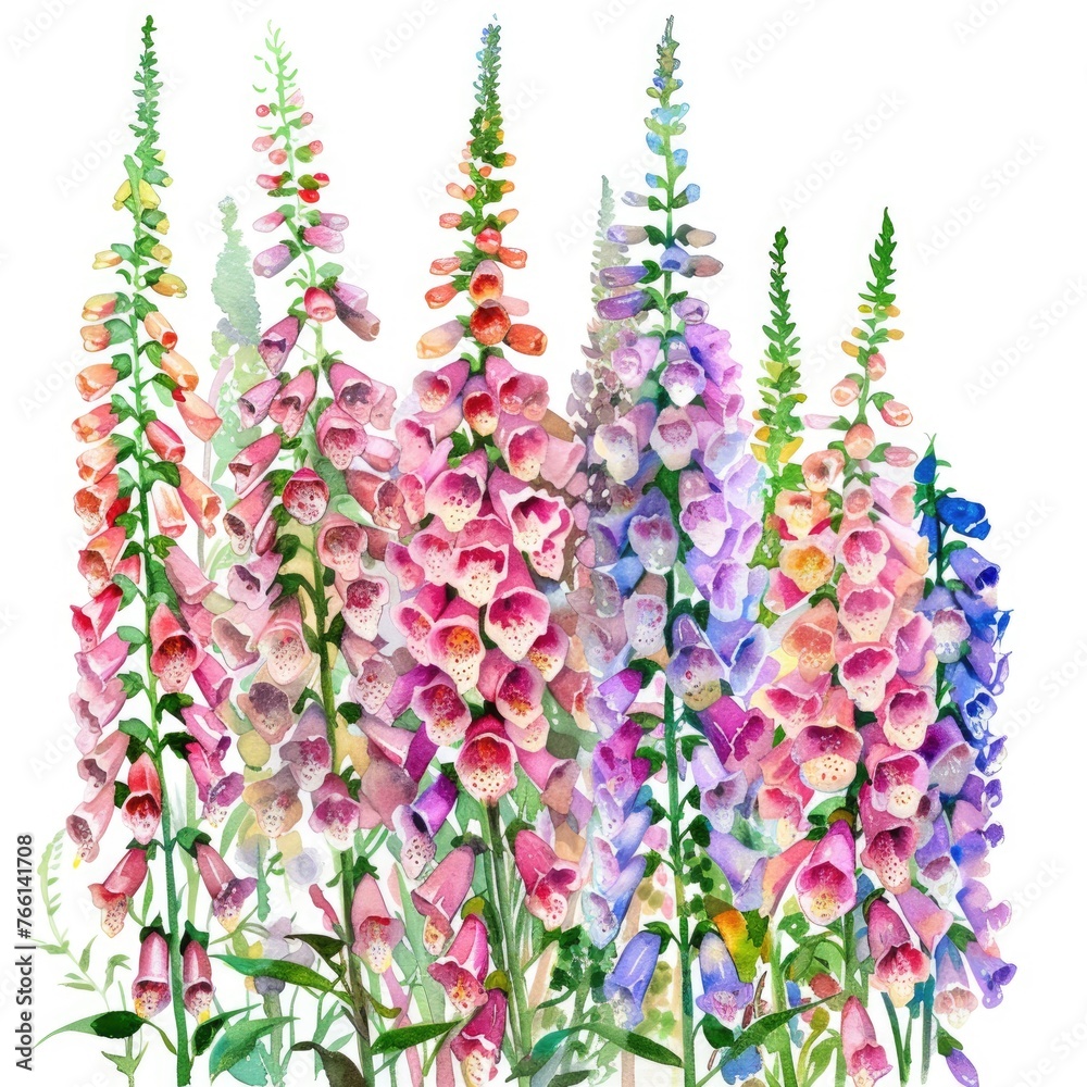 Watercolor foxglove clipart with tall spires of colorful flowers , on white background - obrazy, fototapety, plakaty 