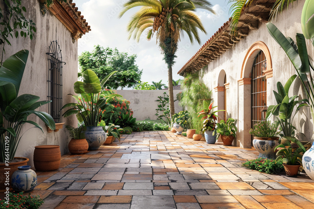 A Spanish hacienda with a stucco wall, a tiled patio, and a palm tree.