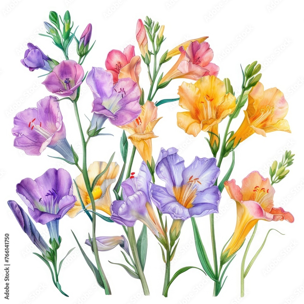 Watercolor freesia clipart with fragrant blooms in various colors , on white background