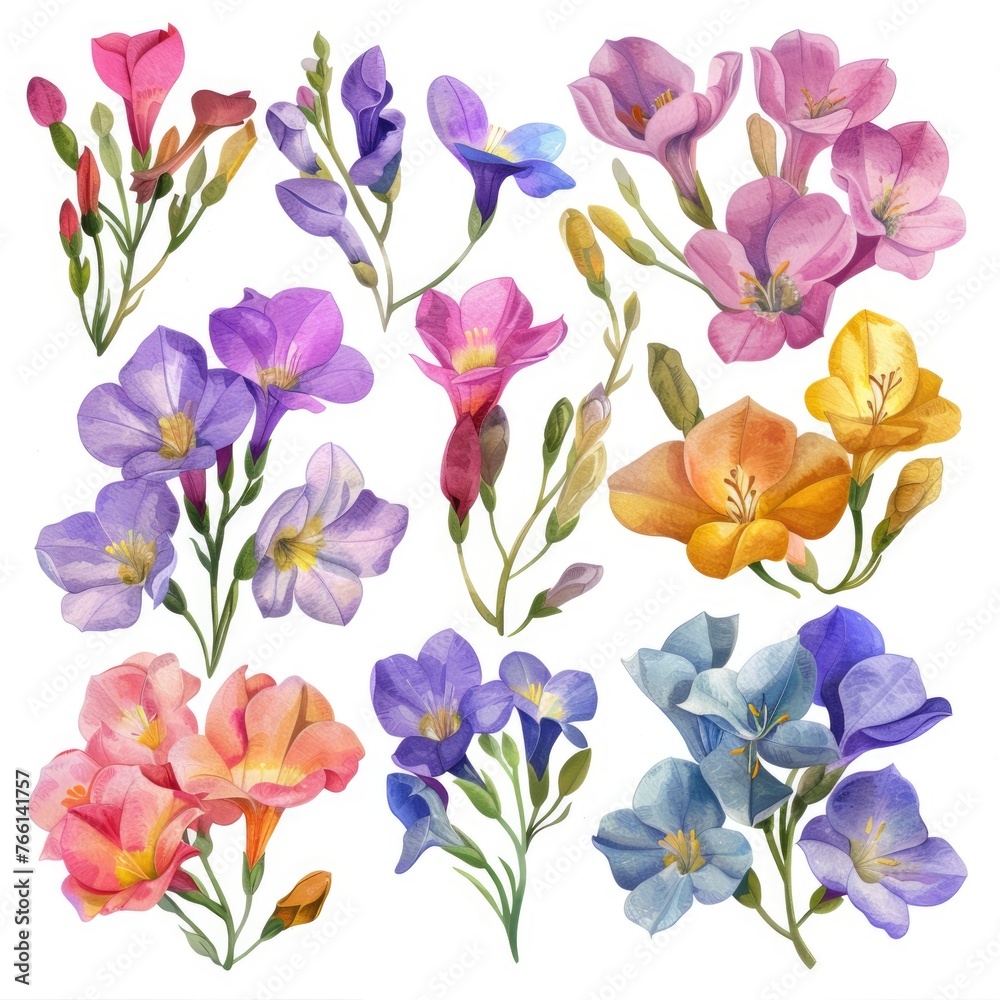 Watercolor freesia clipart with fragrant blooms in various colors , on white background