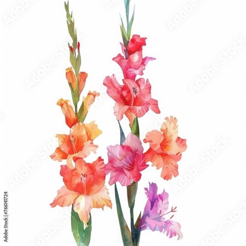 Watercolor foxglove clipart with tall spires of colorful flowers , on white background