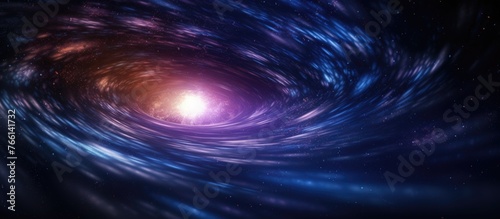 The swirling vortex resembles a cosmic wormhole in space, with a radiant light at the end, surrounded by electric blue clouds and a violet sky