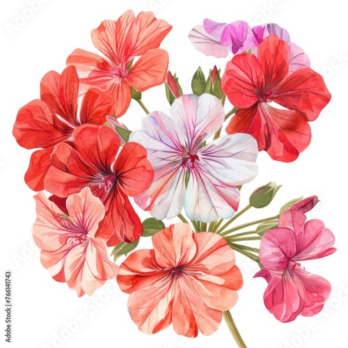 Watercolor geranium clipart with clusters of red  pink  and white blooms   on white background