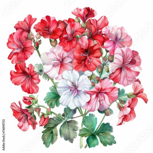 Watercolor geranium clipart with clusters of red, pink, and white blooms , on white background